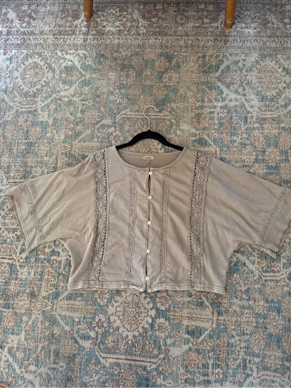 aerie Taupe Button-Front Lace-Trim Dolman Top